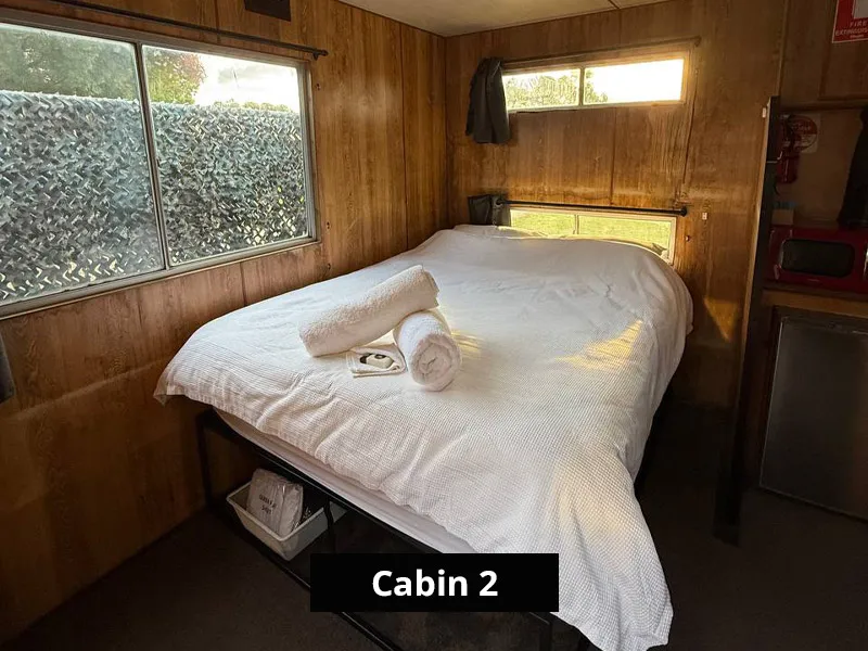 Rustic cabin bedroom with white double bed, folded towels, wood-paneled walls, large window, mini fridge, and microwave.