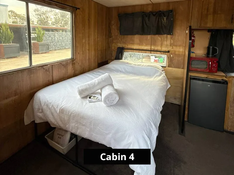 Wood-paneled cabin room with white double bed, fresh towels, large window, mini fridge, microwave, and compact kitchenette.